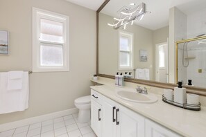 Hair dryer, towels, soap, shampoo