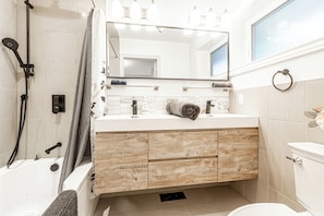 Hair dryer, towels, soap, shampoo