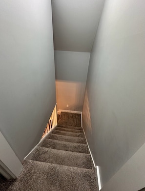 Eine Treppe mit Teppichstufen, die zu einer Zwischenebene führt.
