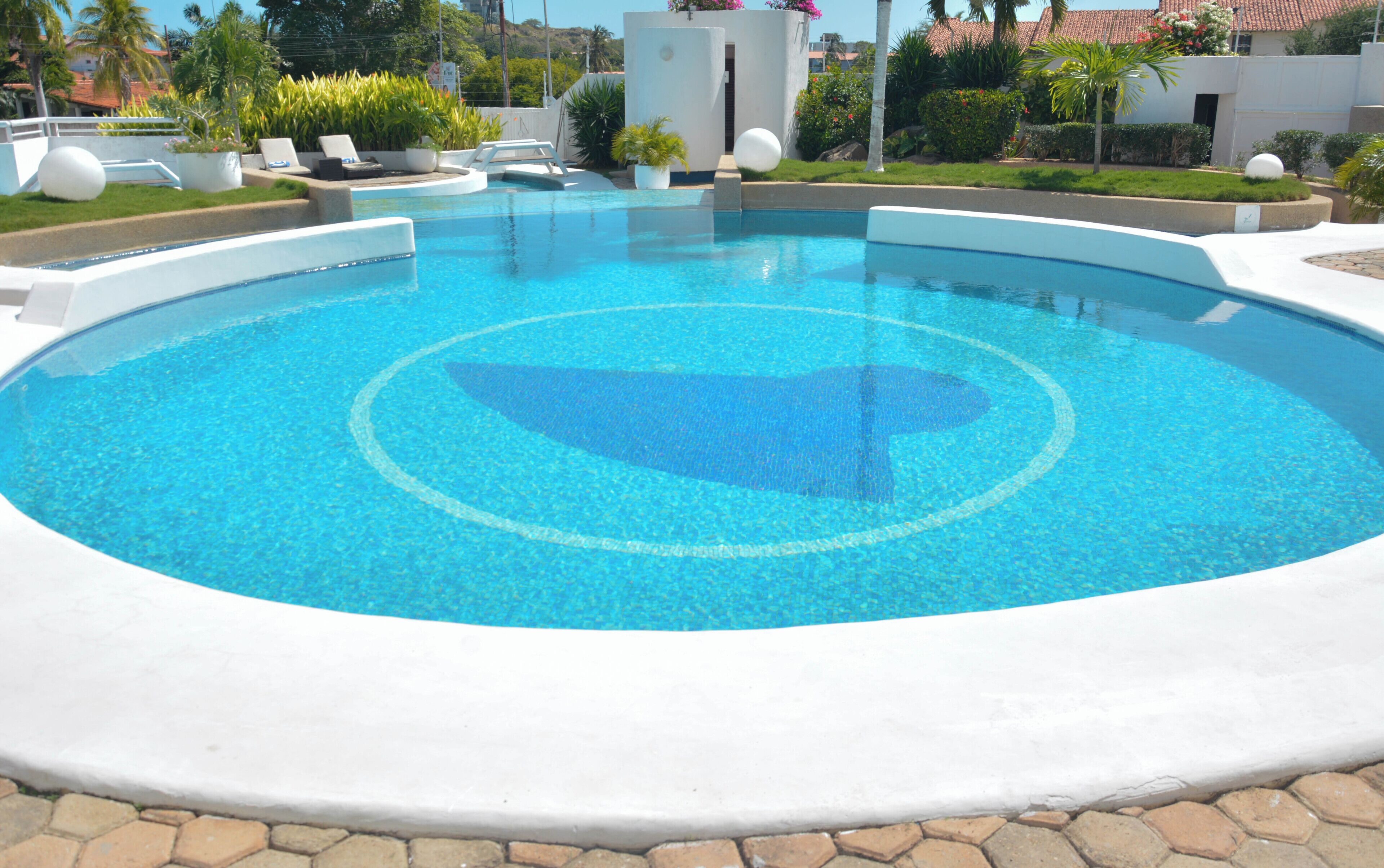 Una piscina circular con un diseño azul en el centro, rodeada por un solárium blanco y una pequeña estructura blanca con una puerta al fondo.