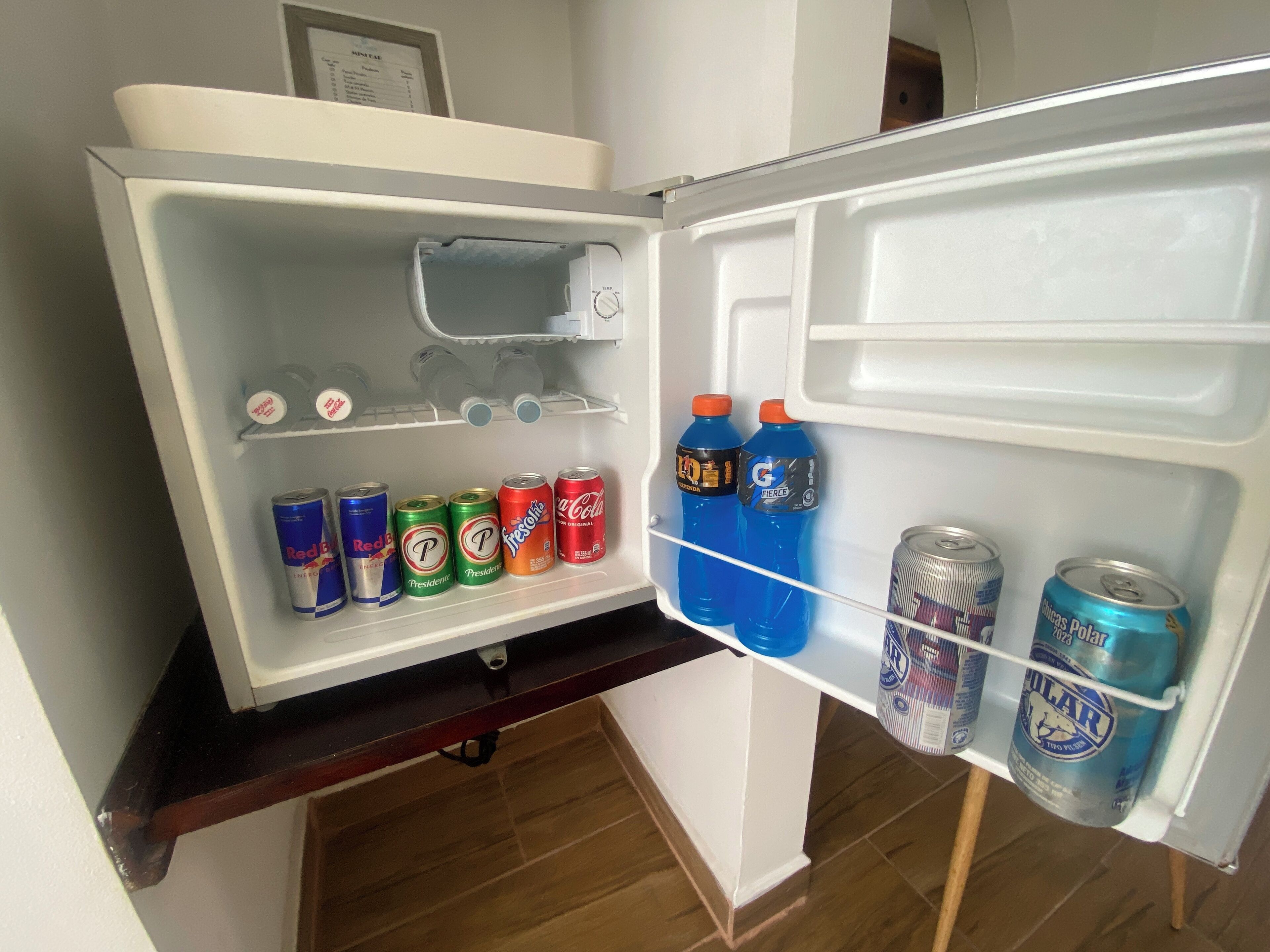 Een open koelkast met verschillende drankjes, waaronder Red Bull, Presidentin, Fizz en Gatorade.