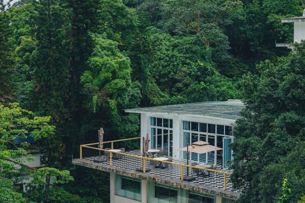 Un edificio moderno con fachada de vidrio, rodeado de abundante vegetación.