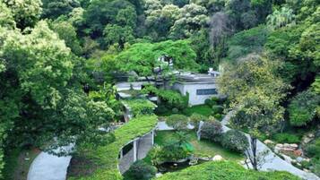 A traditional Japanese-style garden with a pond, surrounded by lush greenery and stone pathways.
