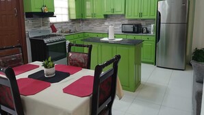 A kitchen with green cabinets, a stainless steel refrigerator, a stove, and a dining area with a table and chairs. - Quiet and spacious 2-bedroom apartment with AC, WiFi in exciting Turkeyen (Turkeyen)
