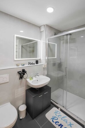 Hair dryer, towels, soap, toilet paper