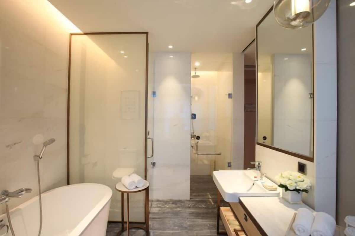 Une salle de bain moderne avec une baignoire sur pieds, une douche à parois de verre et un meuble-lavabo avec un miroir.