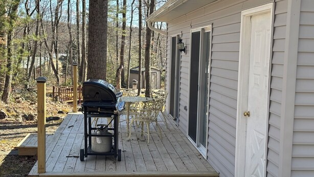 Eine Holzterrasse mit Grill und Tisch, umgeben von Bäumen.