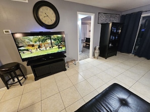 Smart TV, chimenea, libros