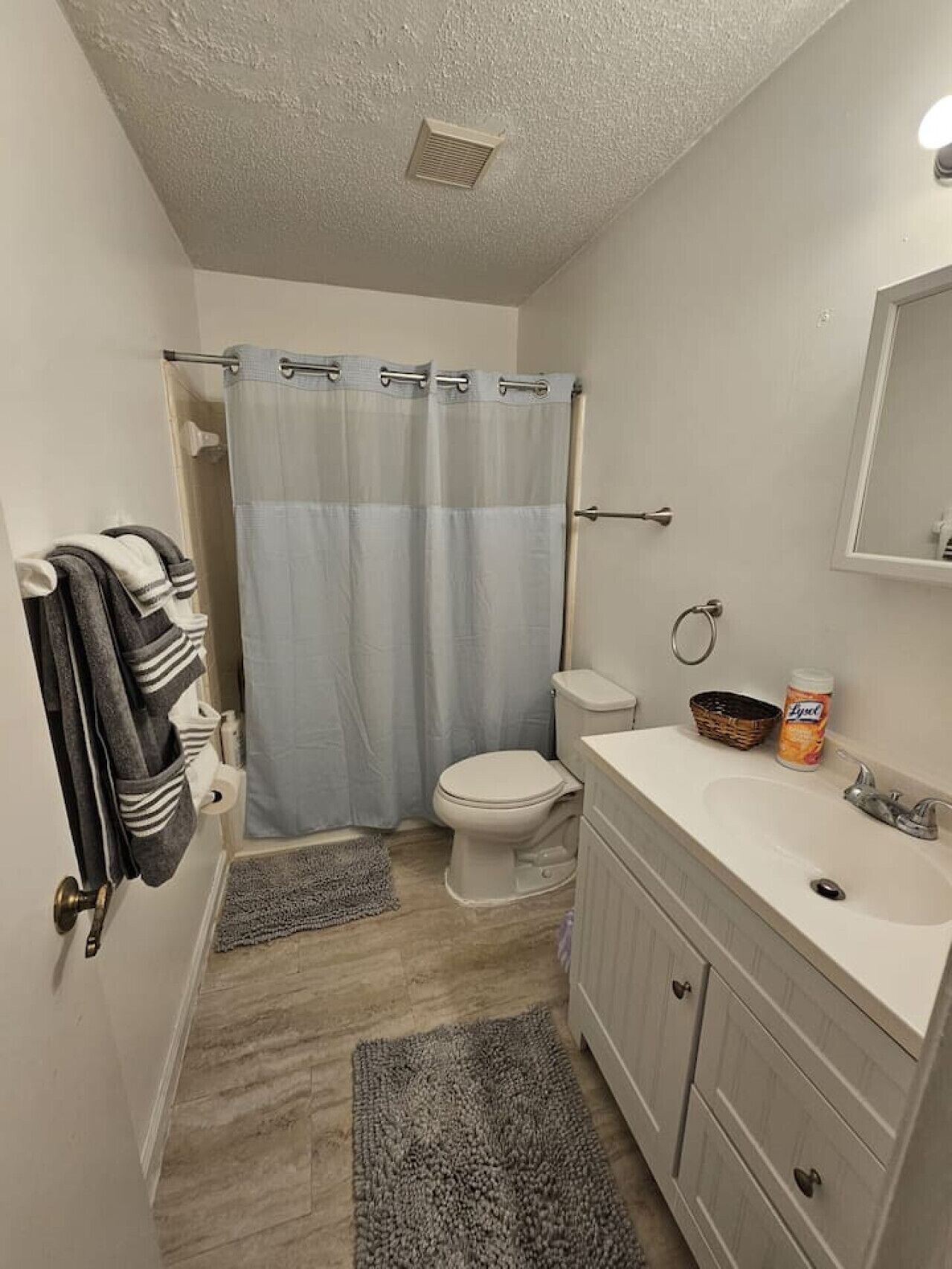 Une petite salle de bain comprenant des toilettes, un lavabo, un miroir, un rideau de douche et un porte-serviettes.