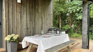 Eine Terrasse aus Holz mit einem Tisch für vier Personen, einem Grill und einem Blumenbeet.