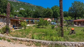 Uma casa de pedra rústica com telhado de telhas vermelhas, rodeada por vegetação exuberante e um céu azul l ímpido.