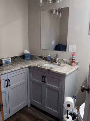 A bathroom with a marble countertop, a sink, a mirror, a toilet, and a roll of toilet paper.