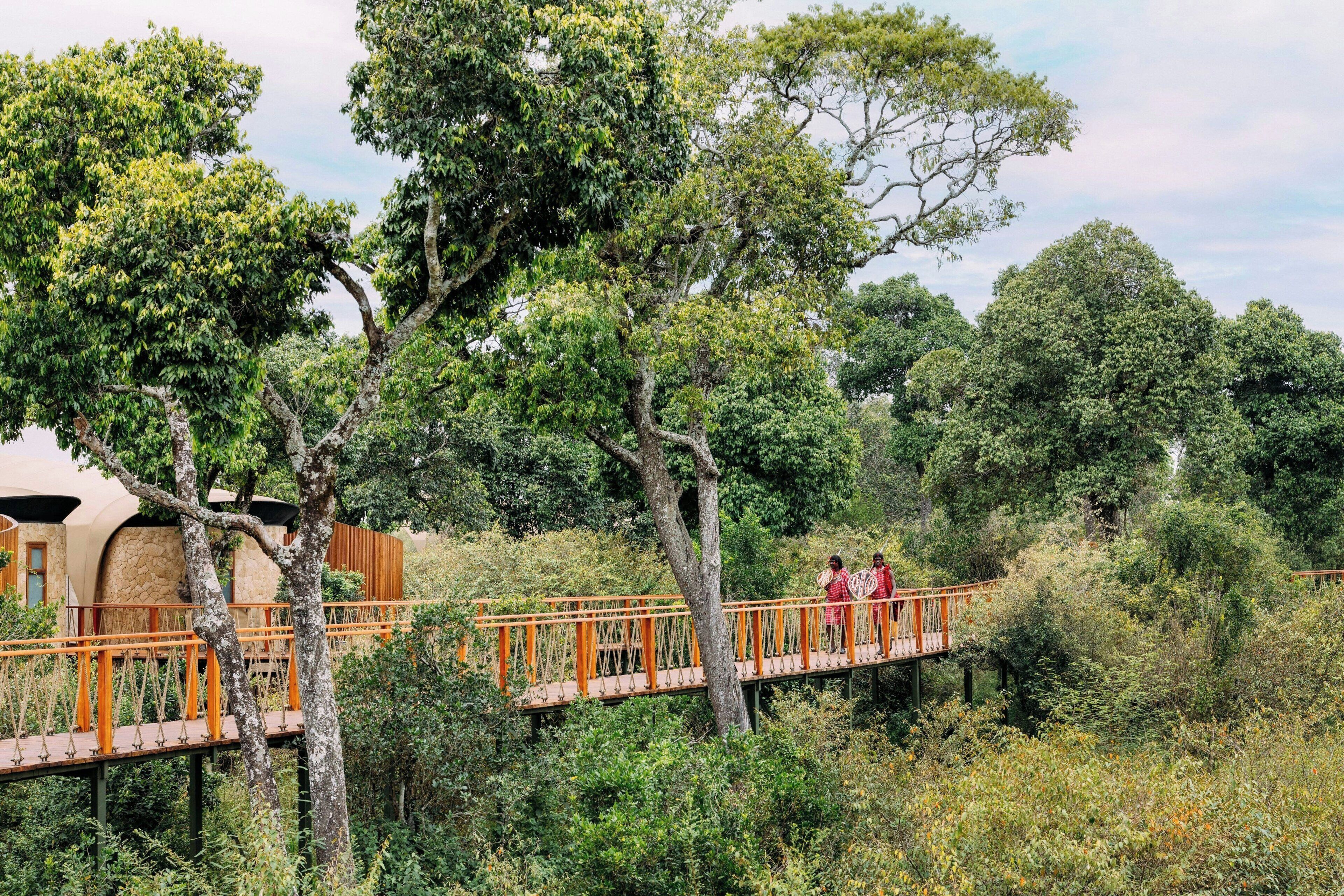 Un puente de madera que une un edificio con una zona cubierta de árboles.
