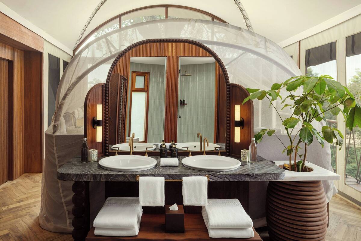 A bathroom with two sinks, a large mirror, and a potted plant.