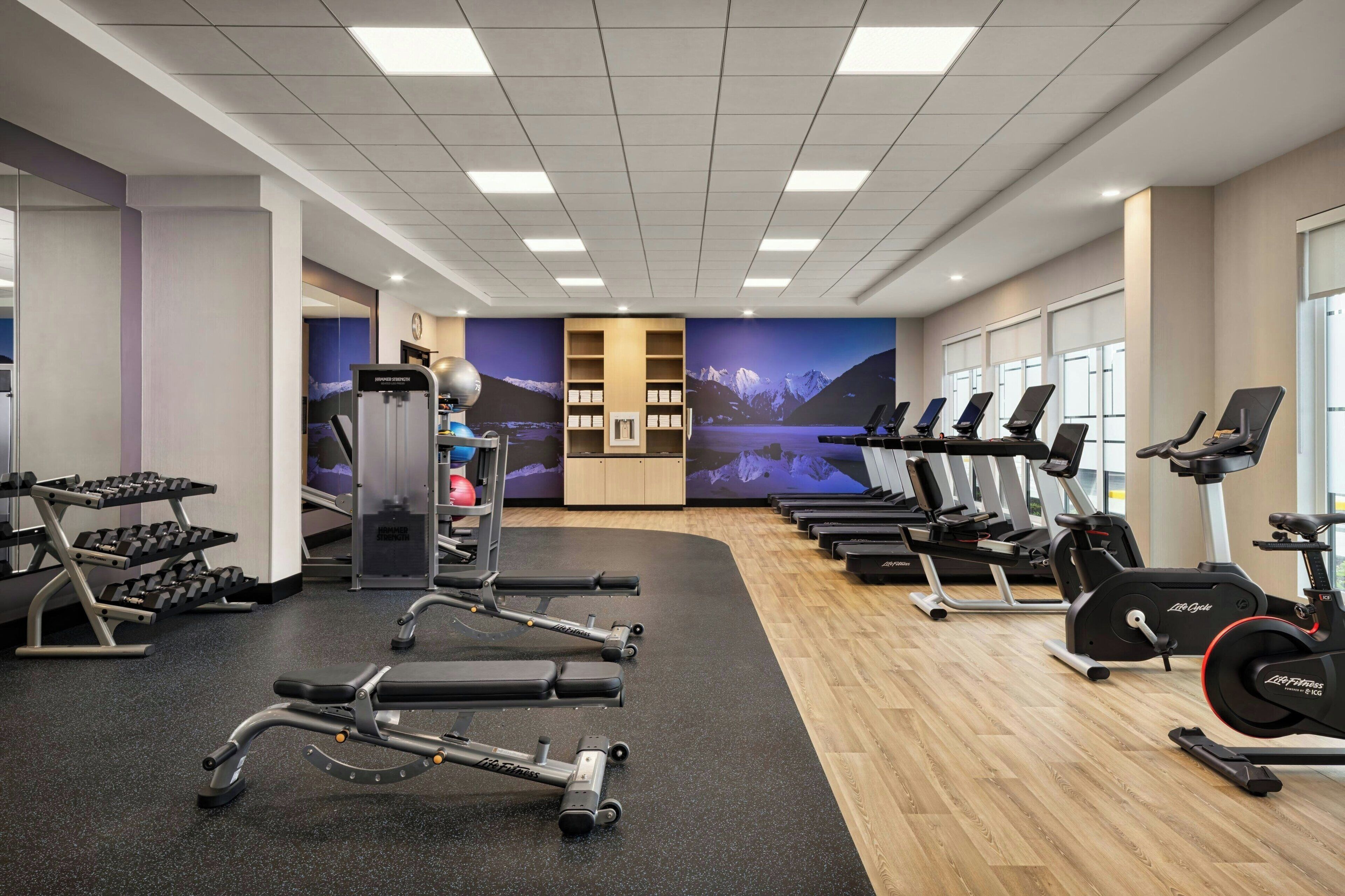 Un gimnasio con cintas de correr, elípticas y equipamiento de pesas.