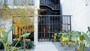 A modern building with a gated entrance, a narrow pathway, and various plants. - Lapso at Asís (Guadalajara)