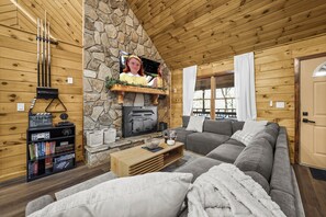 Smart TV, fireplace, video games, DVD player