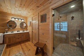 Shower, jetted tub, towels - Mountain Cabin with Big View (Beech Mountain)