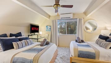 4 bedrooms, desk, iron/ironing board, travel cot