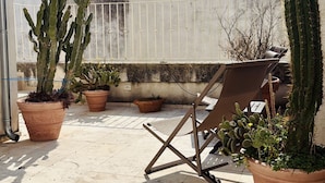 Une terrasse sur le toit agrémentée de cactus en pot, d’une chaise en métal et d’une rambarde blanche.