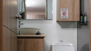 Hair dryer, towels, soap, toilet paper