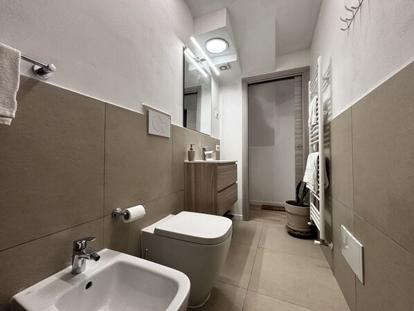 Regadera, secadora de cabello, bidet, toallas 