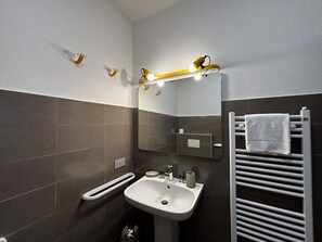 Shower, hair dryer, bidet, towels