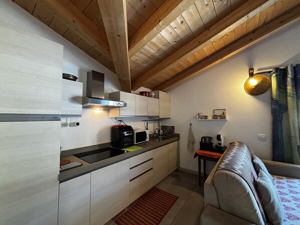 Fridge, microwave, dishwasher, cookware/dishes/utensils