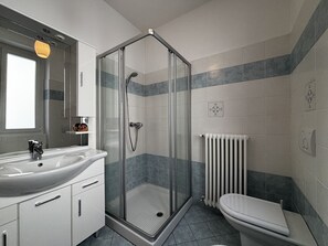 Shower, hair dryer, bidet, towels