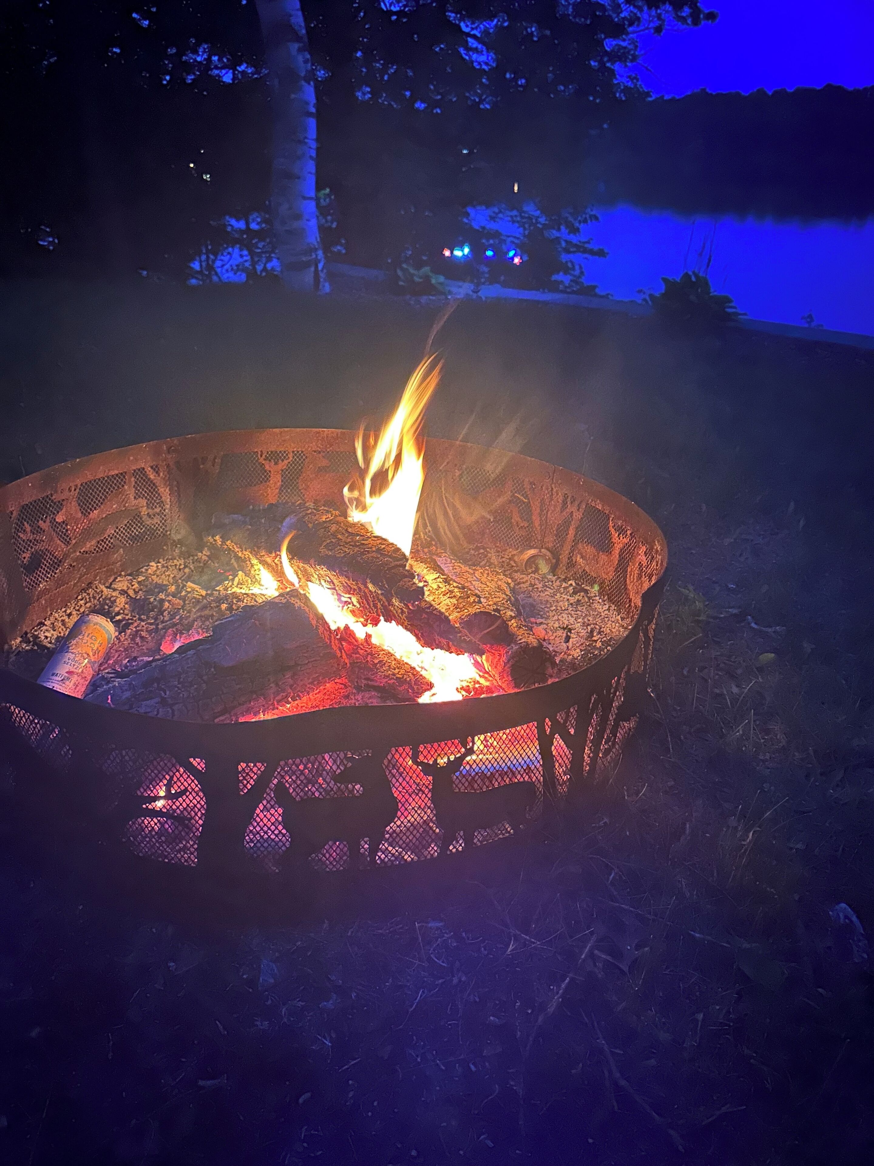 A circular fire pit with visible flames and logs, surrounded by grass.