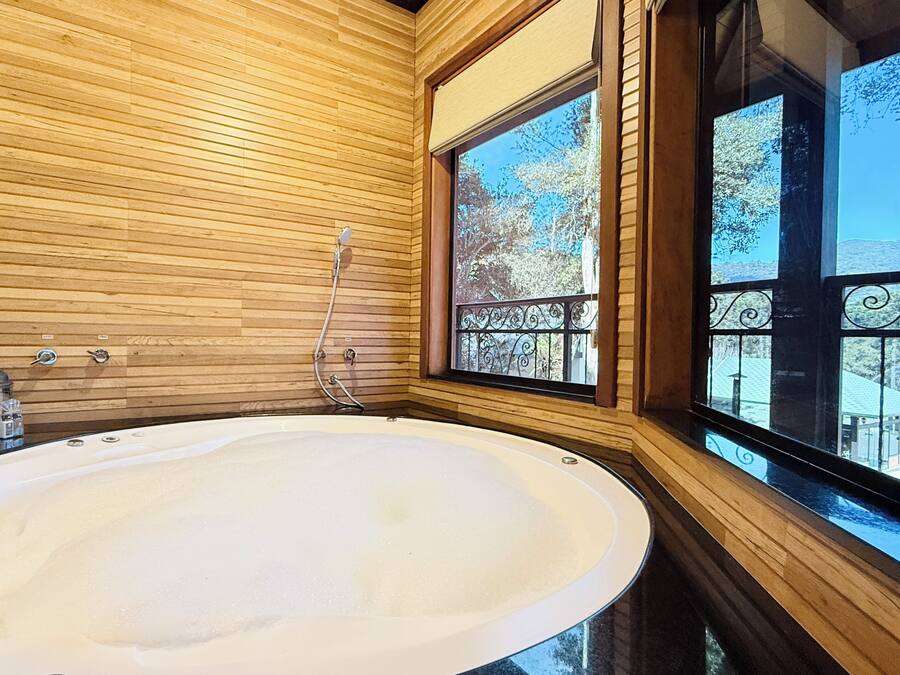 A modern bathroom with a freestanding bathtub, wooden paneling, and large windows offering a view of the outdoors.