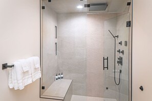 Shower, hair dryer, towels, shampoo