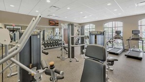 Uma academia com diversos equipamentos de exercício, esteiras e halteres.