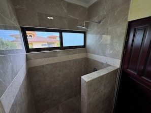 Shower, towels, soap, shampoo
