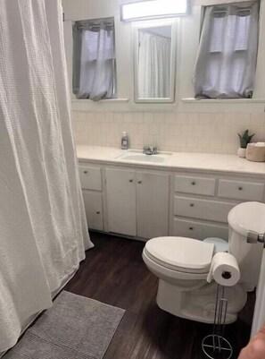 Hair dryer, towels, soap, toilet paper