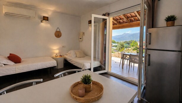 A room with two beds, a table with a plant, a refrigerator, and a view of mountains through a glass door. - T2 Dolce & Vita B3 with pool (Propriano)
