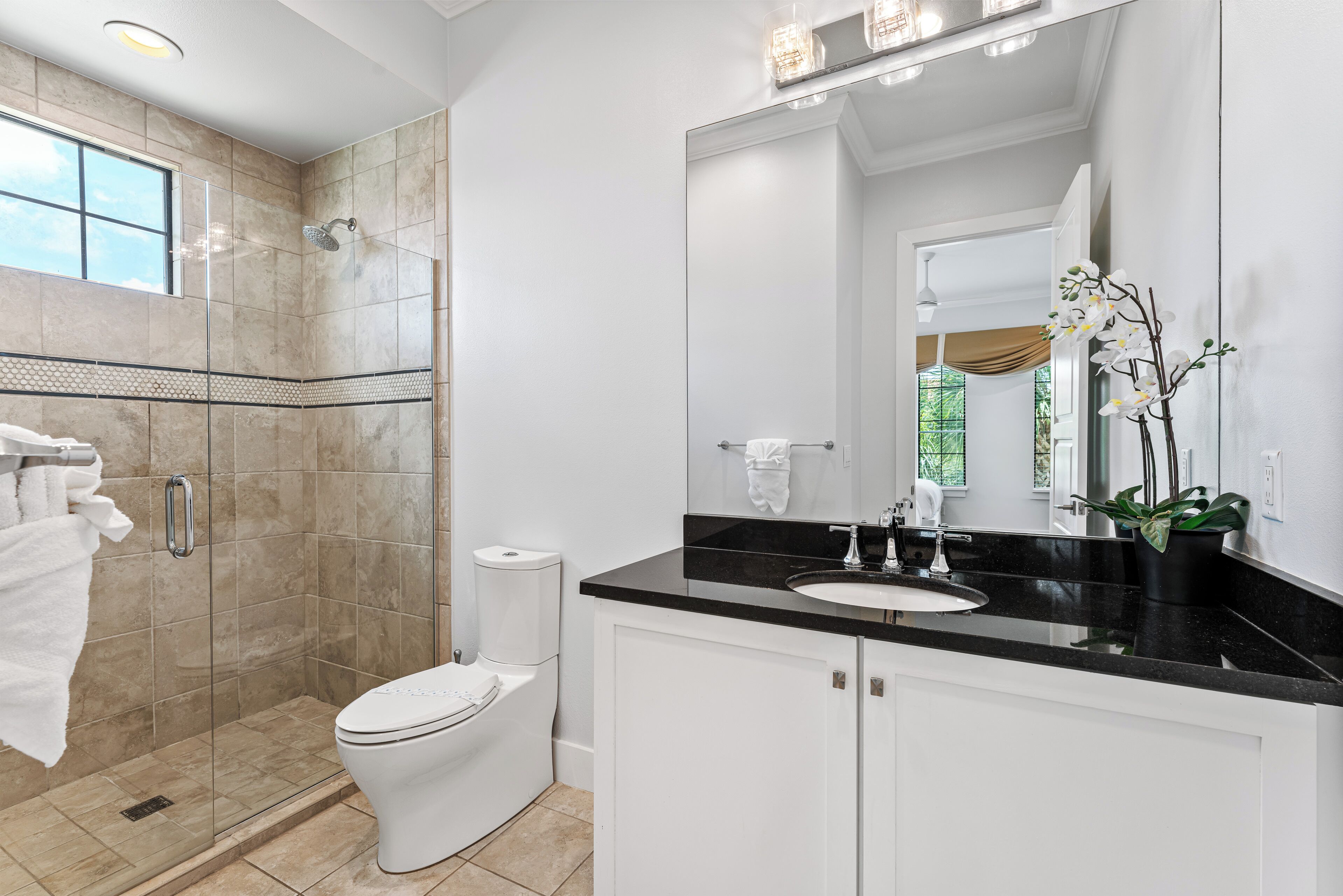 A modern bathroom with a glass-enclosed shower, a white toilet, a black countertop sink, and a large mirror.