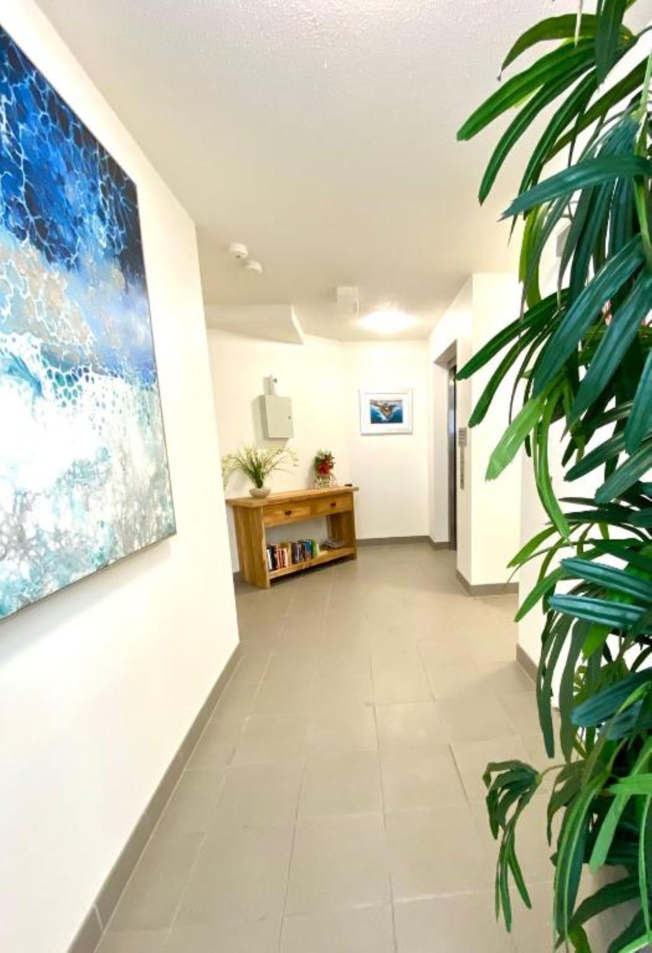 A hallway with a wooden console table, a potted plant, and a framed picture on the wall.