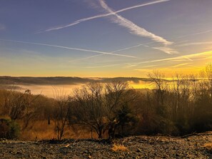 Paisaje con árboles, un valle brumoso y estelas en el cielo.