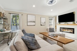 TV, fireplace, table football, ping pong