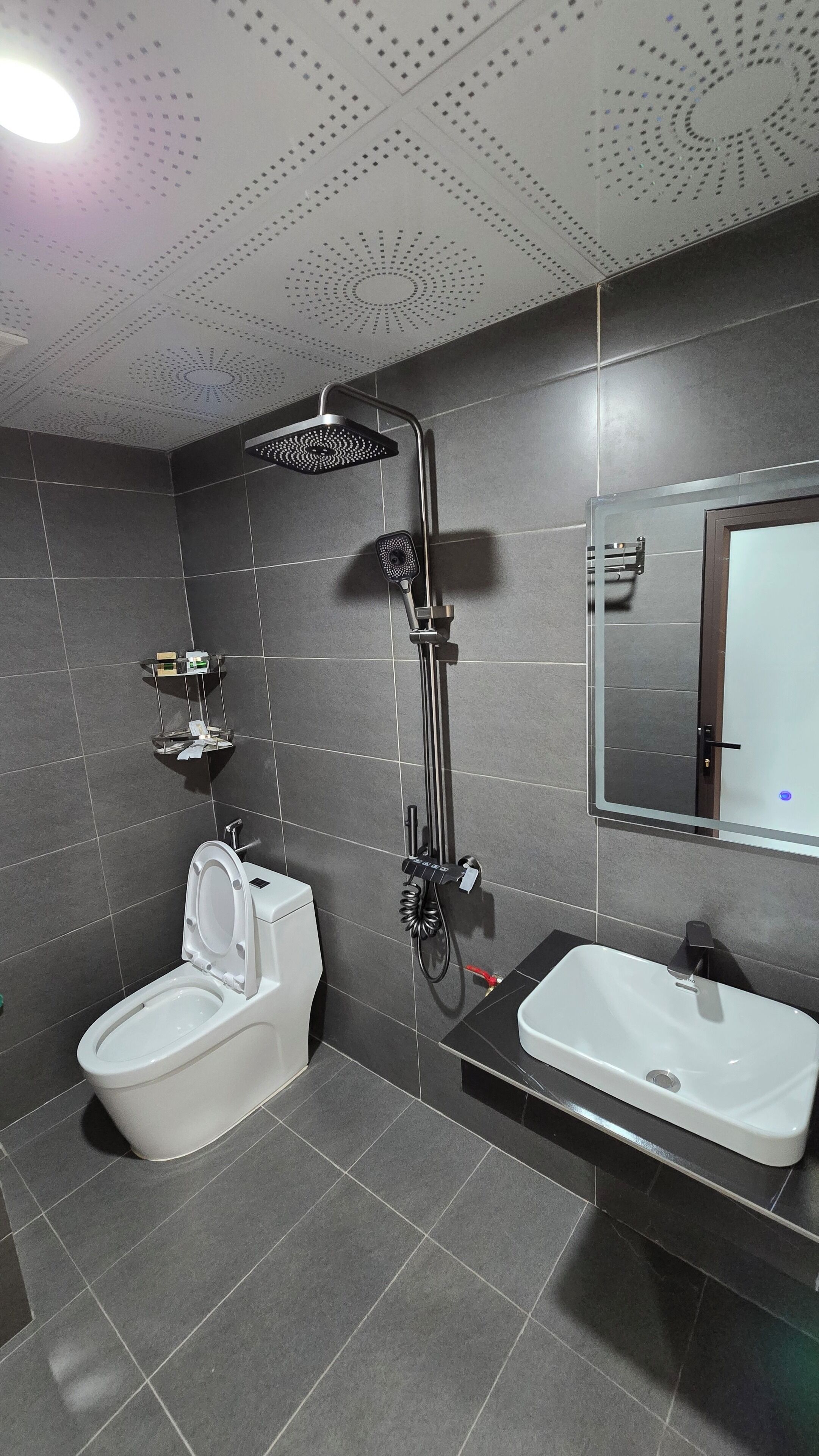 A modern bathroom with a toilet, bidet, shower, and sink.