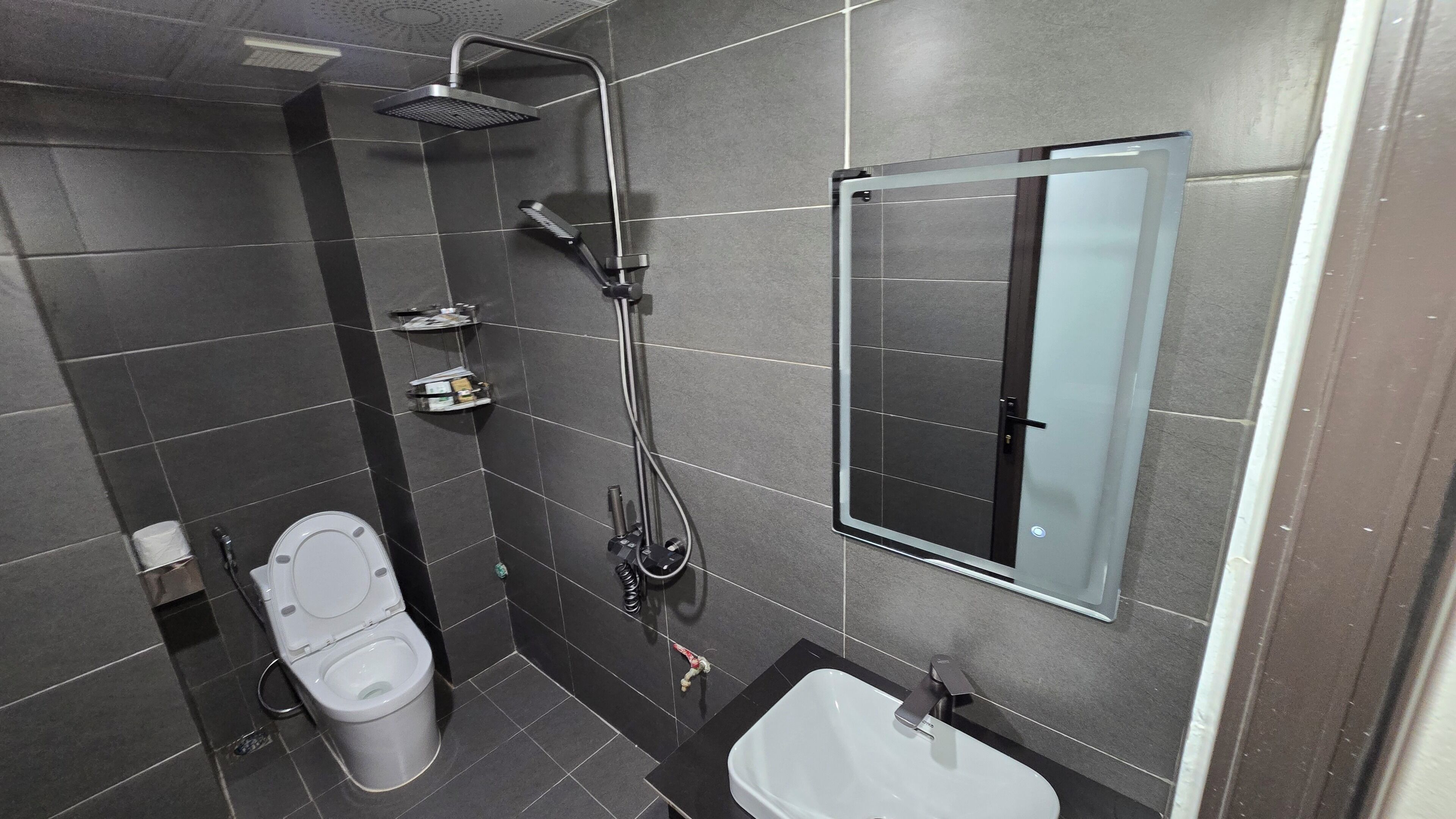 A modern bathroom with a toilet, a shower, and a sink.