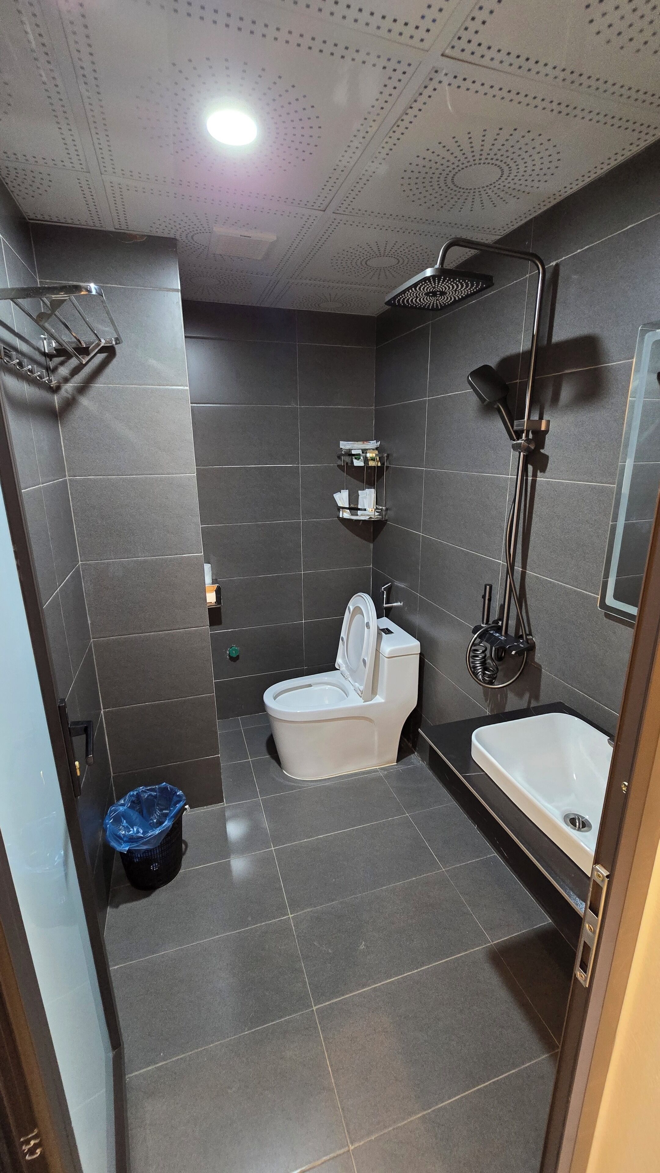 Un baño moderno con inodoro, lavamanos y ducha.