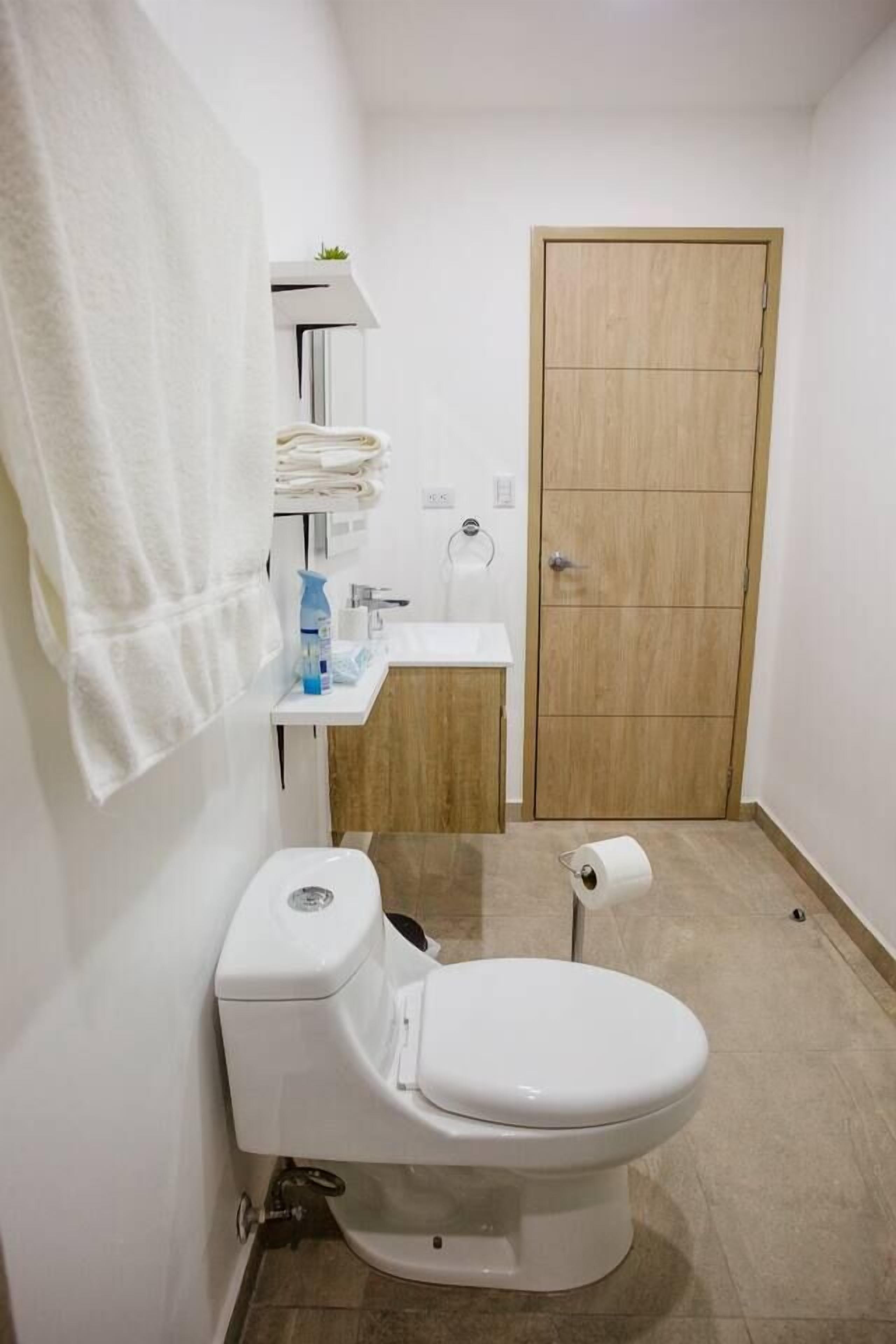 Pieni, siisti kylpyhuone, jossa on wc, pesuallas ja puuovi.