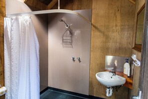 A bathroom with a shower, a sink, and a mirror. - Tin Dragon Trail Cottages (Branxholm)