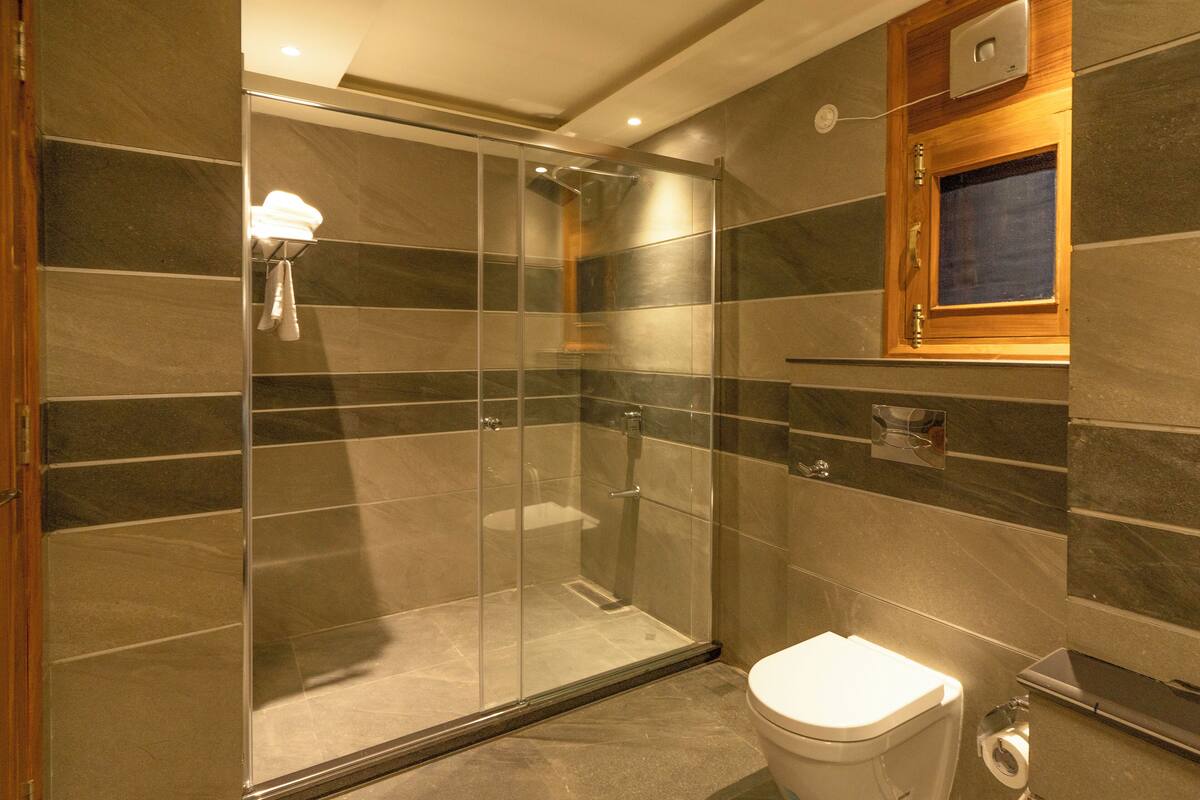 A modern bathroom with a glass-enclosed shower, a toilet, and a wooden vanity with a mirror.