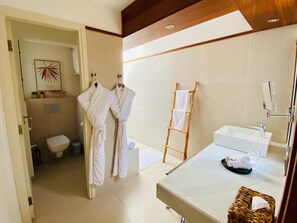 A bathroom with a toilet, a sink, a mirror, and a shower area. - Hôtel Boma (Dakar)