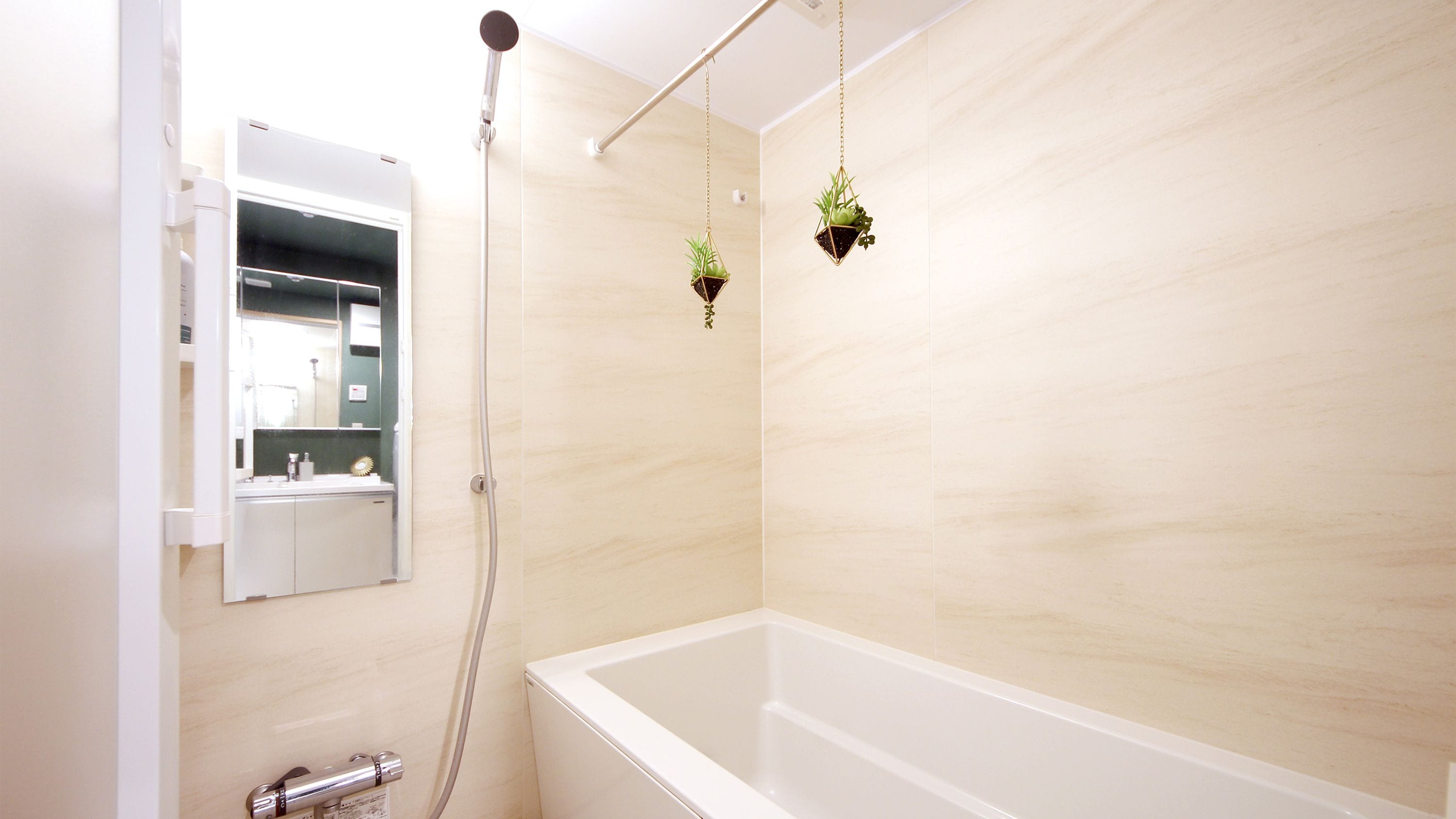 Un baño moderno con bañera, ducha, espejo y dos plantas colgantes.