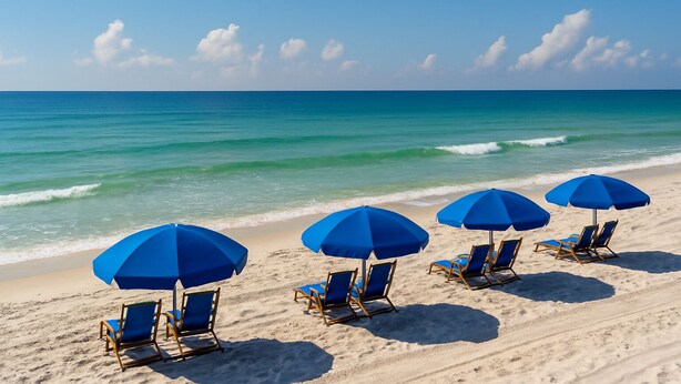 A beach with blue umbrellas and lounge chairs. - 500m to Beach- Large Balcony and Yard | Pet Friend (Ocean Grove)