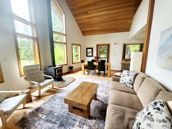 Smart-TV, Kamin, Bücher, Stereoanlage